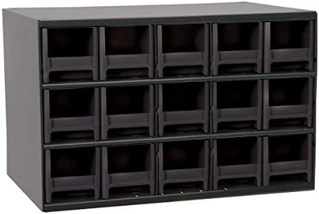Akro-Mils Steel Garage Storage Cabinet, Small Parts Organizer Metal Cabinet for Hardware, Nails, Screws, Bolts, Nuts, and More, 17" W x 11" D x 11" H, 15-Drawer, Gray Cabinet/Black Drawers (19715) by Akro-Mils