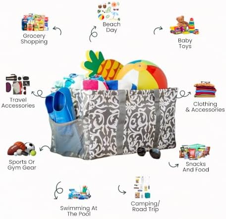 Extra Large Utility Tote Bag - Oversized Collapsible Reusable Wire Frame Rectangular Canvas Basket With Two Exterior Pockets For Beach, Pool, Laundry, Car Trunk, Storage - Damask Gray - Image 4