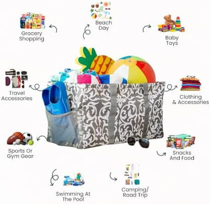 Extra Large Utility Tote Bag - Oversized Collapsible Reusable Wire Frame Rectangular Canvas Basket With Two Exterior Pockets For Beach, Pool, Laundry, Car Trunk, Storage - Damask Gray - Image 4