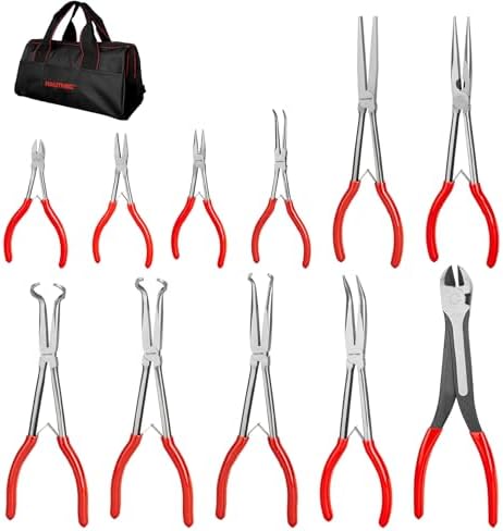 HAUTMEC Extra Long Needle Nose Pliers Set, 11PCS Long Reach Pliers Include 6-7" & 11" Straight, Circle Nose, Diagonal, Flat Nose, Bent Nose Plier for Narrow Spaces, Automotive & DIY Repairs by HAUTMEC
