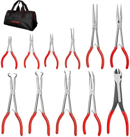 HAUTMEC Extra Long Needle Nose Pliers Set, 11PCS Long Reach Pliers Include 6-7" & 11" Straight, Circle Nose, Diagonal, Flat Nose, Bent Nose Plier for Narrow Spaces, Automotive & DIY Repairs by HAUTMEC