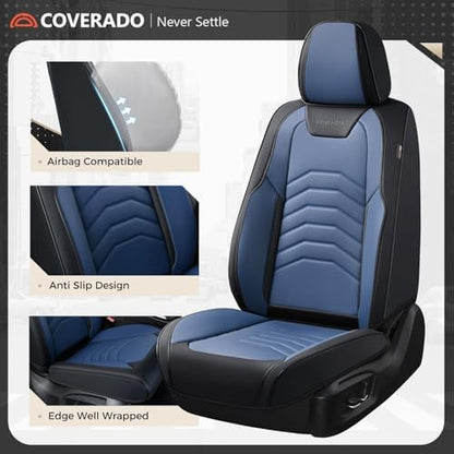 Coverado Car Seat Covers Full Set, Universal Seat Covers for Cars, Car Seat Protector Waterproof, Nappa Car Seat Cushion, Car Seat Covers Front Seats and Back Fit for Most Cars Trucks SUV, Black&Blue - Image 2