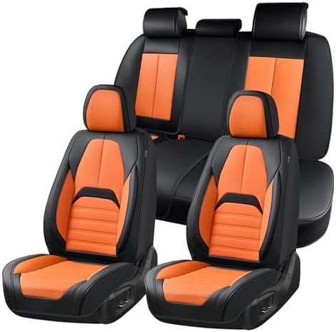 Coverado Car Seat Covers Full Set, Seat Covers for Cars, Automotive Seat Covers, Waterproof Nappa Leather Front Seats and Back Car Seat Protector, Universal Fit for Most Cars SUV Trucks,Black&Orange by COVERADOAUTO