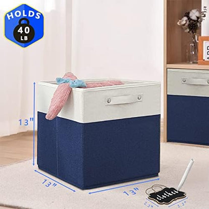 13x13x13 Inch Large Foldable Fabric Linen Cube Storage Bins【4-pack】, with Cotton Handles Closet Bins for Cabinet Shelves Home Organization and Storage bins(White&blue) - Image 5