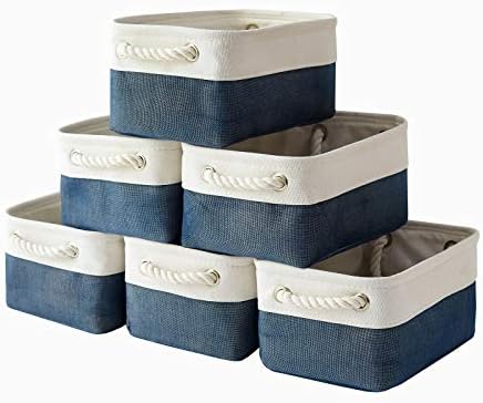 Storage Basket for Organizing - 12x8x5.2 inch Small 6 Pack Fabric Storage Bin Collapsible Baskets for Shelves with Rope, Storage Box for Cloth Decorative Laundry Canvas(White & Blue) by Sacyic