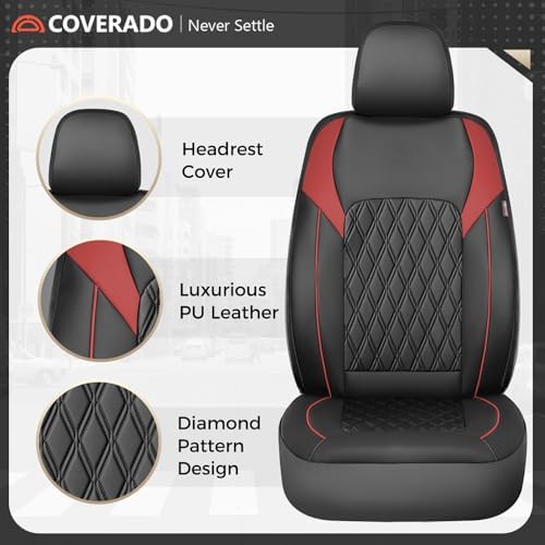 Coverado Car Seat Covers Full Set, Leather Seat Covers, Automotive Seat Covers for Cars, Car Seat Covers Front Seats Back, Car Seat Protector Car Seat Cushion Universal Fit Most Cars Trucks, Black&Red - Image 2