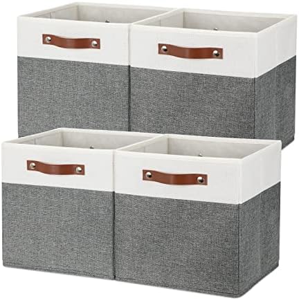 Temary Storage Cubes 12x12 Fabric Cube Storage Bins Foldable Storage Baskets with Handles, Decorative Storage Boxes for Organizing, Home, Office, Nursery, Shelf, Closet (White & Grey, 12 x 12 x 12) by TEMARY