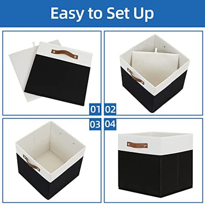 Temary Fabric Storage Bin 4 Pack Cube Storage Bin for Shelf Fabric Cube Storage Basket 13 Inch Cube Storage Bins Foldable Storage Cubes with Leather Handles(White&Black) - Image 5