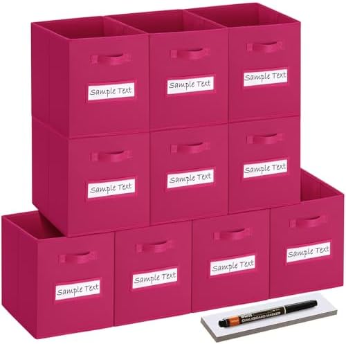 13x13 storage cube bins (Set of 10) Foldable Fabric storage cubes with 10 Labels Window Cards & a Pen,13 inch cube storage bins,Closet Organizers for Shelves,Cubby Organizer Boxes,Dark pink by Artsdi