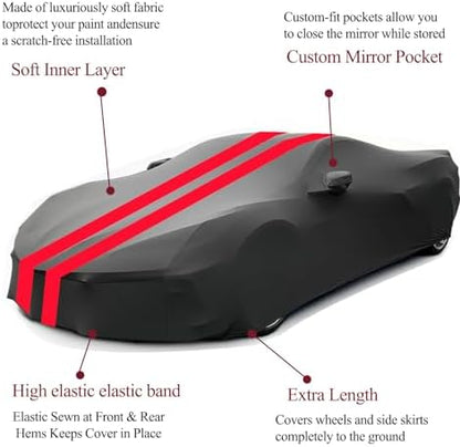 Indoor Car Cover Replace for Corvette C7 2014–2019 Custom-fit Form-Fitting Breathable Stretch Dust-Proof Car Cover for Underground Garage, Car Show（Black+Red） - Image 4