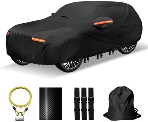 30 Layers SUV Car Cover for Automobiles All Weather Waterproof, Outdoor Snowproof UV Protection Windproof, Door Zipper, Soft Cotton, Heavy Duty Universal Car Covers, (Black, Fit SUV 171"-180") by OWEEIO