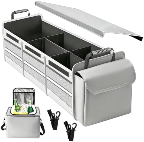 Car Trunk Organizer with Removable Cooler Bag - Collapsible Multi-Compartment Storage for SUV Truck Groceries Camping, Durable Nylon Auto Cargo Organizer (Gray) by Oivjckx