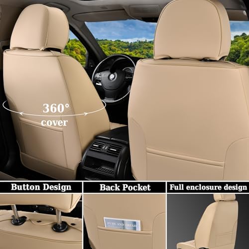 Coverado Car Seat Covers Full Set, Nappa Leather Seat Covers for Cars, Waterproof Automotive Car Seat Covers Interior Accessories Universal Fit Most Sedans, SUVs, Pick-up Trucks(Beige) - Image 2