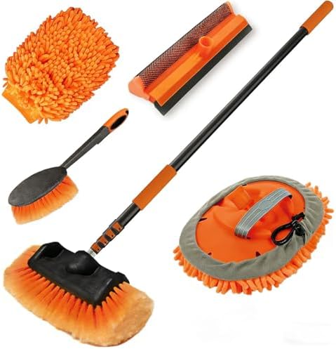 LAANPOLE 16FT Car Wash Brush with Long Handle, Car Cleaning Kit with Soft Bristle Wash Brush, Microfiber Cleaning Mop, Window Squeegee, Mitt, Wheel Brush for RV, Truck, Boat, House Siding by LAANPOLE