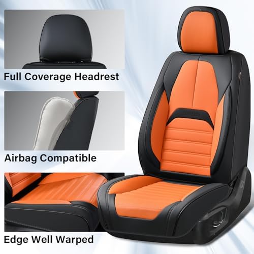Coverado Car Seat Covers Full Set, Seat Covers for Cars, Automotive Seat Covers, Waterproof Nappa Leather Front Seats and Back Car Seat Protector, Universal Fit for Most Cars SUV Trucks,Black&Orange - Image 6