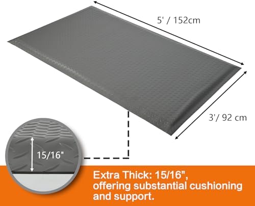 Nisorpa Anti Fatigue Mats Industrial 3' x 5' Ergonomic Standing Mat 15/16" Extra Thick Heavy Duty Commercial Diamond Plate Support Shop Floor Mat for Leg & Back Pain,Grey - Image 3