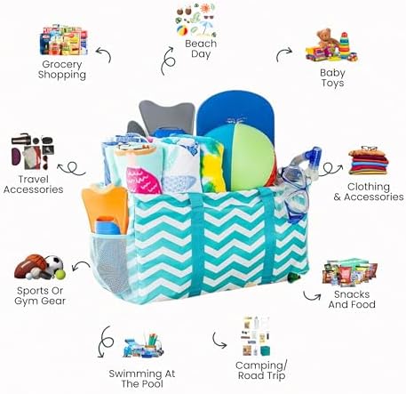 Extra Large Utility Tote Bag - Oversized Collapsible Reusable Wire Frame Rectangular Canvas Basket With Two Exterior Pockets For Beach, Pool, Laundry, Car Trunk, Storage - Chevron Teal - Image 3