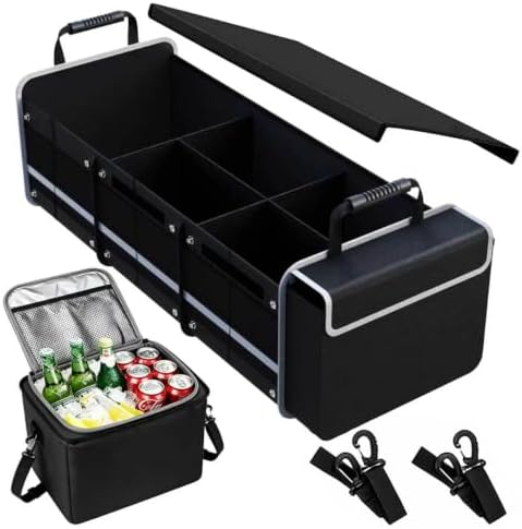 Car Trunk Organizer with Removable Cooler Bag - Collapsible Multi-Compartment Storage for SUV Truck Groceries Camping, Durable Nylon Auto Cargo Organizer (Black) by Oivjckx
