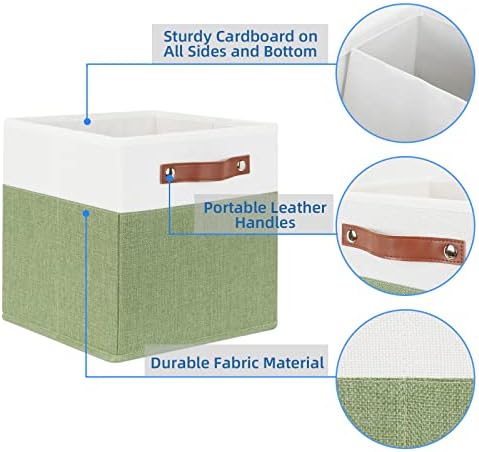 Temary Fabric Storage Bin 11x11 Cube Storage Bins for Home, 4 Pack Fabric Organizer Bins Cube Organizer Bins with Leather Handles Decorative Storage Bins for Shelf (White&Green) - Image 3