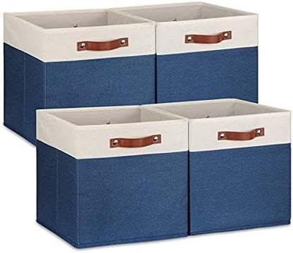 Temary Fabric Storage Bins for Cube Organizer 4 Pack Cube Storage Bins 13 Storage Cubes for Shelves Storage Baskets for Organizing Books, Clothes, Towels (White & Blue, 13x13x13 Inch) by TEMARY