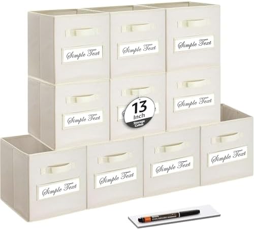 13x13x13 storage cube bins (Set of 10) Fabric storage cubes with 10 Labels Window Cards & a Pen, storage cubes 13x13, Collapsible 13 inch cube storage bins, Cubby Organizer Boxes, Beige by Artsdi