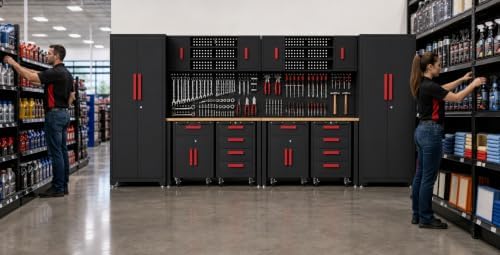 12-PC Heavy Duty Steel Garage Storage Cabinet System & Bench,Red - Image 6