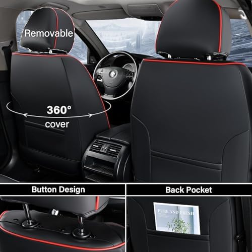 Coverado Car Seat Cover Full Set, Red Seat Covers Front Seats Back Seat Covers, Nappa Leather Waterproof, Car Seat Cushion, Car Seat Protector Universal Fit Most Cars - Image 2