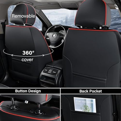 Coverado Car Seat Cover Full Set, Red Seat Covers Front Seats Back Seat Covers, Nappa Leather Waterproof, Car Seat Cushion, Car Seat Protector Universal Fit Most Cars - Image 2