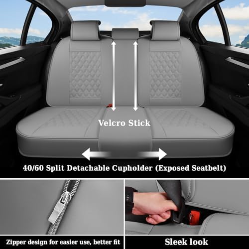 Coverado Full Set Car Seat Covers, Luxury Faux Leather Waterproof Seat Covers, Gray Car Seat Protectors, Universal Fit, Leather Seat Cushions for Cars-Gray - Image 3