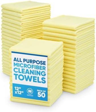 12" x 12" Microfiber Cleaning Cloths (50 Pack) - Reusable Towels, Wash Rags, Dust Cloth, All-Purpose: Kitchen, Dish, Cars, Shop, Glass (Yellow) by MicrofiberWholesale