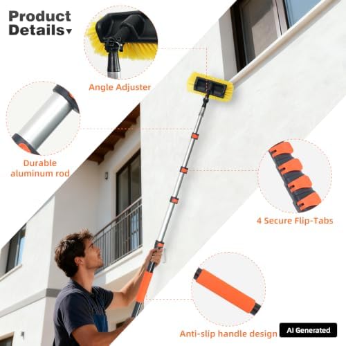 12FT Car Wash Brush with Long Handle, Car Cleaning Brush with 12" Soft Bristle and 12" Hard Bristle, 3-12Ft Telescopic Pole for Scratch-Free Cleaning Truck,RV, Boats,House Siding,Floors,Solar Panels - Image 3