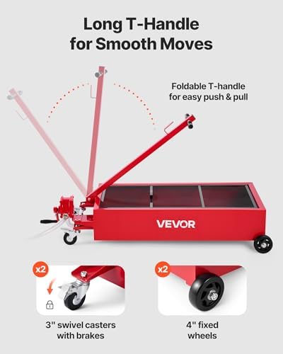 VEVOR Low Profile Oil Drain Pan, 20 Gallon Capacity, Rolling Oil Drain Pan with Manual Pump, 7.2 ft Hose & T Folding Handle, Leak-Proof & Corrosion-Resistant, Fit for Cars, SUVs, Trucks, ATVs, Red - Image 5