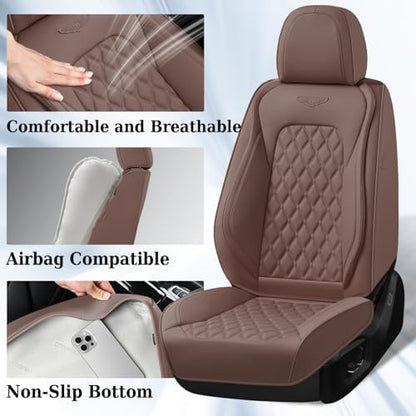 Coverado Front Seat Covers, Luxury Faux Leather Durable Anti-Scratch Cushions, Universal Fit for Cars, SUVs, Pickups, Waterproof Automotive Seat Covers, Car Accessories – Brown - Image 2