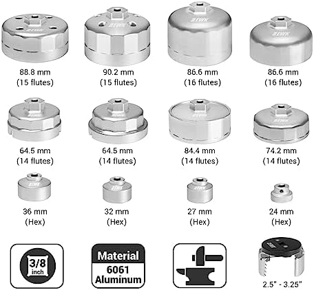 EWK 13 Pcs Forged Oil Filter Wrench Set (24–90mm), Aluminum Cup Tool Kit with Adjustable Wrench & Case, Fits Toyota, Ford, Mercedes, BMW, Audi, VW, Volvo, Chevrolet, Buick, GMC, RAM, Chrysler & More - Image 2