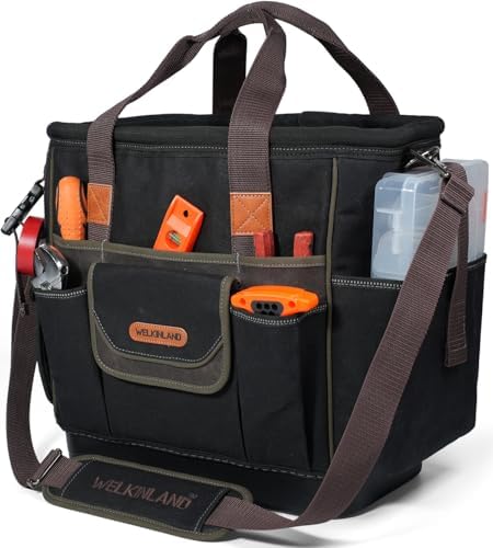 WELKINLAND 50-Pocket Electrician Tool Tote, 14" Waxed-Canvas HVAC Tool Bag by WELKINLAND