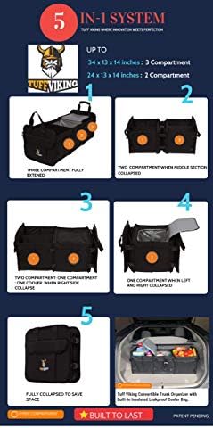 Tuff Viking Convertible Large 3 Compartment SUV Trunk Organizer with Cover | Truck Bed Organizer | for Trucks, Cars, SUVs and Groceries with Tie Down Straps. (5 in 1, Black) - Image 2