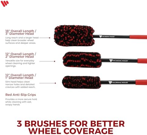 Wheel Woolies Car Detailing Brush Set - 3pc Car Wheel Brush Kit (18”, 12”, 12”) for Rims, Barrel, Spokes & Brake Dust | Soft No Scratch Rim Brush with Long Handle & Anti-Slip Grip | Made in USA - Image 3
