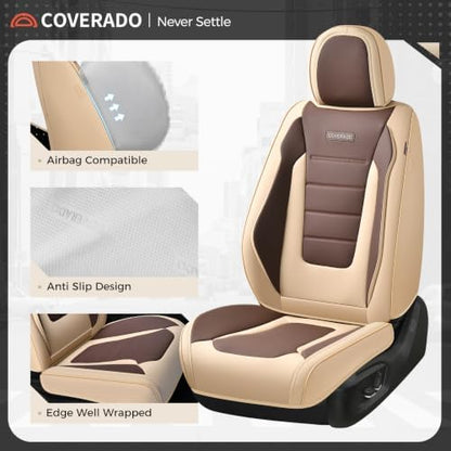 Coverado Car Seat Covers Full Set, Nappa Leather Seat Covers for Cars, Car Seat Protector Car Seat Cushion, Front and Back Seat Protectors Cushions Universal Fit for Most Cars Vehicles(Beige&Coffee) - Image 6