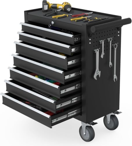 7-Drawer Rolling Tool Chest, Tool Box with 4 Wheels and Drawers, High Capacity Detachable Mobile Tool Storage Cabinet for Garage, Workshop, Mechanics and Repair Room (Black) by Granper%EF%BC%9AGrandPerfect