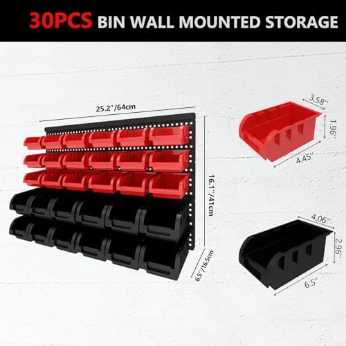 30Pcs Plastic Wall Mounted Storage Bins Parts Rack Nuts And Bolt Bins Organizer For Shop Garage for Screws, Nuts, Bolts, Nails, Beads, and Small Hardware Parts (RED+BLACK, 30) - Image 2