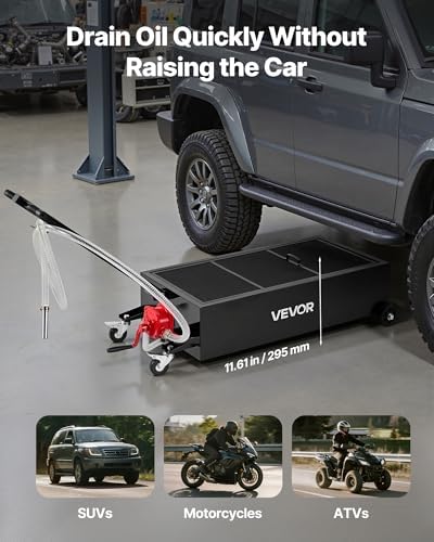 VEVOR Low Profile Oil Drain Pan, 25 Gallon Capacity, Rolling Oil Drain Pan with Manual Pump, 7.2 ft Hose & T Folding Handle, Leak-Proof & Corrosion-Resistant, Fit for Cars, SUVs, Trucks, ATVs, Black - Image 4