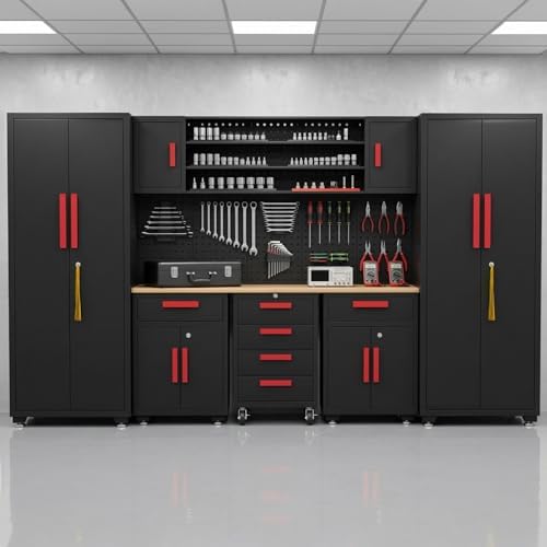9-Pcs Garage Storage Cabinet System with Steel Cabinet,Red Handle - Image 5