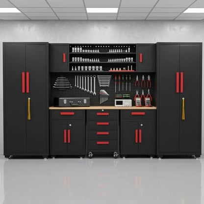 9-Pcs Garage Storage Cabinet System with Steel Cabinet,Red Handle - Image 5
