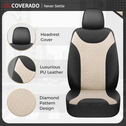 Coverado Front and Back Seat Covers, 5-Pack Universal Seat Covers for Cars, Leather & Fabric Splicing Design Car Seat Protectors, Waterproof Seat Cushions Universal for Most Vehicles, Black & Beige - Image 3