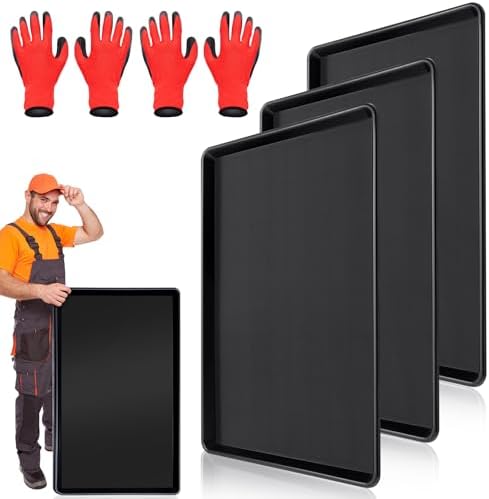 3 Pcs Extra Large Oil Drip Pan – 35.4 x 24 x 1.5 Inch, Auto Oil Change Drain Tray, Heavy Duty Plastic Drip Tray for Cars, Trucks, Washing Machines & More + Oil Spill Catcher with 2 Pairs of Gloves by BIHAIT