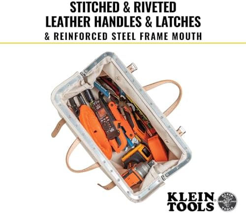 Klein Tools 5102-18 Heavy Duty Natural Canvas Tool Bag, Tool Tote, Multi-Purpose Bag with Wide Hinged Opening and Leather Handles, 18-Inch - Image 5