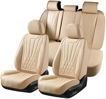 FLORICH Universal Seat Covers Full Set, 5 Seats Leather Seat Covers for Cars, Waterproof & Breathable Nappa Leather Car Seat Protector Fit for Most Cars - Beige by FLORICH
