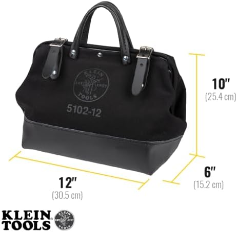 Klein Tools 510212BLK Heavy Duty Black Canvas Tool Bag, Tool Tote, Multi-Purpose Bag with Wide Hinged Opening and Leather Handles, 12-Inch - Image 3