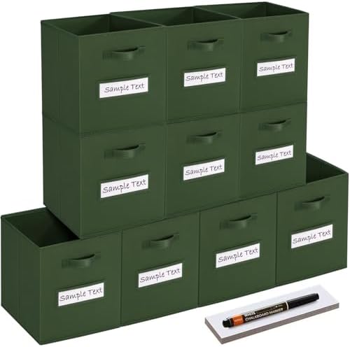 13x13x13 storage cube bins (Set of 10) Fabric storage cubes with 10 Labels Window Cards & a Pen, storage cubes 13x13, Collapsible 13 inch cube storage bins, Cubby Organizer Boxes, Dark Green by Artsdi