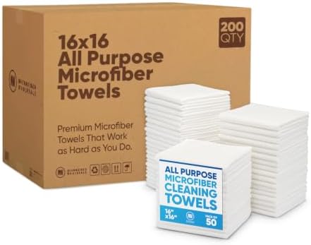 Microfiber Wholesale Bulk 16" x 16" All Purpose Towels Case Quantity (200 Count) | Large | No Fraying | High Density Microfiber | Zero Chemical Cleaner | Long-Lasting (White) by MicrofiberWholesale